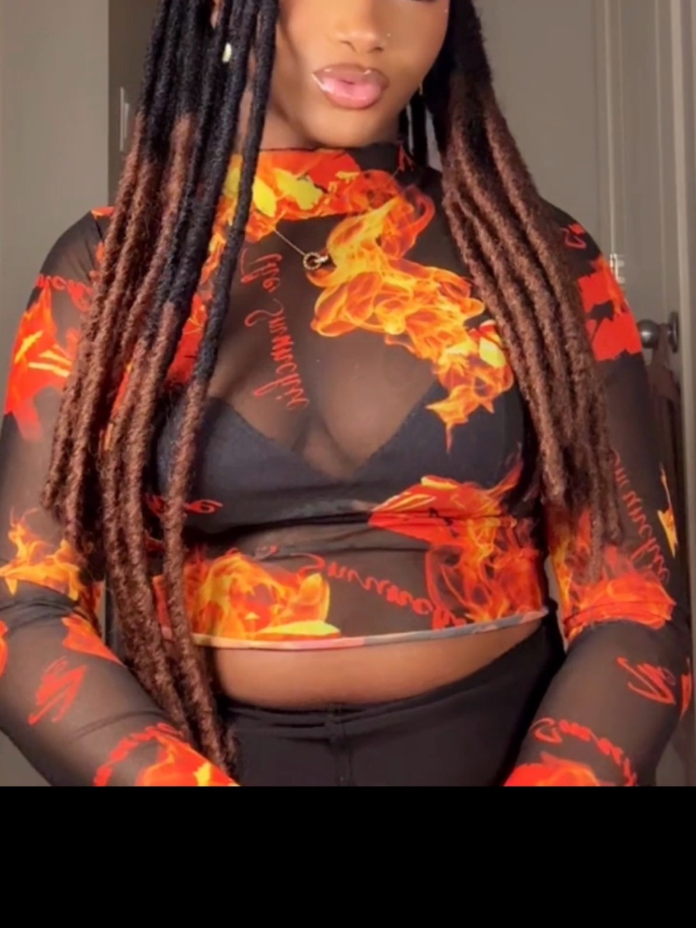 Fashion Nova Black Sheer Flame Mesh Long-Sleeve Crop Top